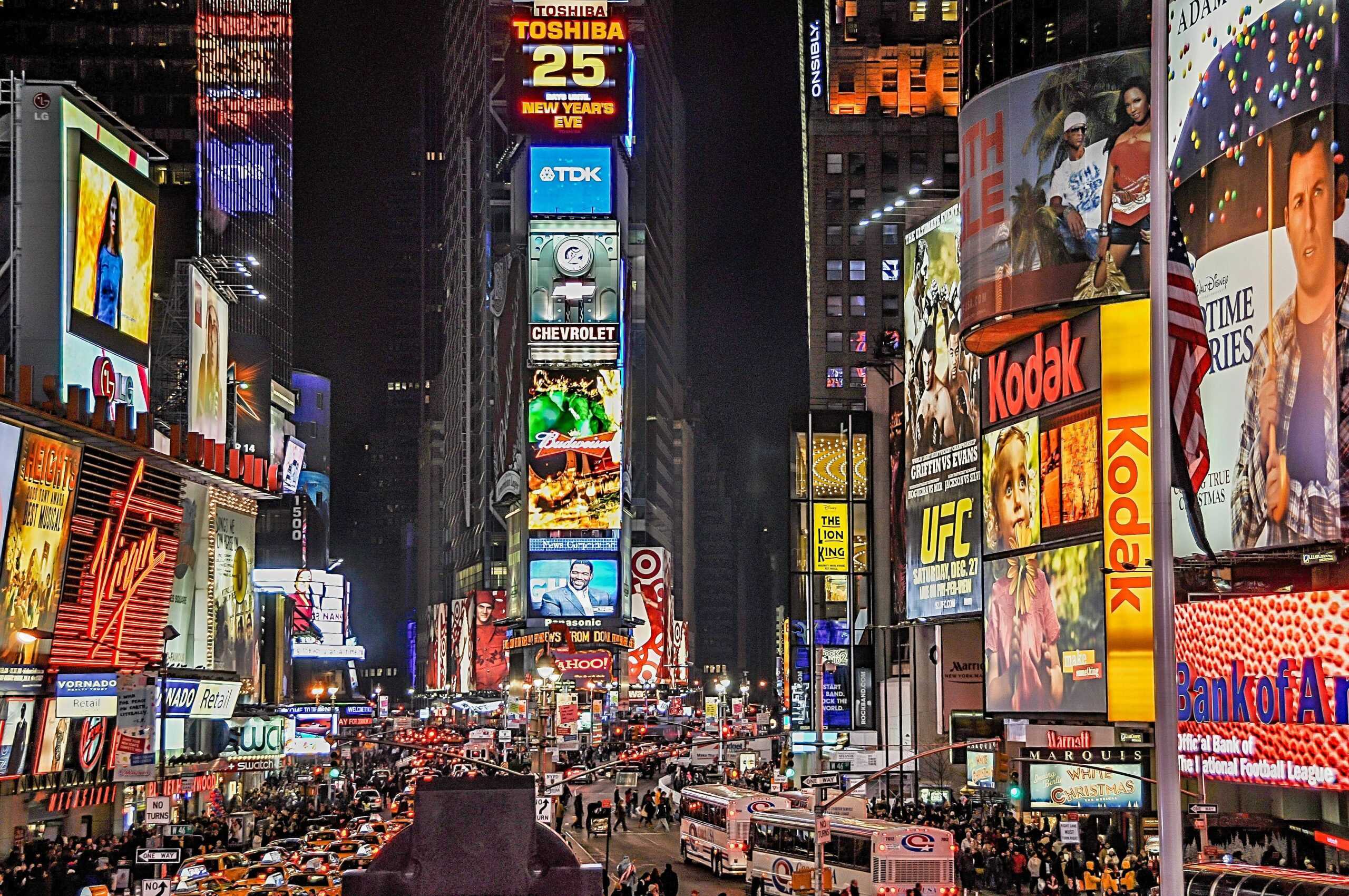 Explore the bustling nightlife of Times Square with dazzling lights and vibrant crowds.